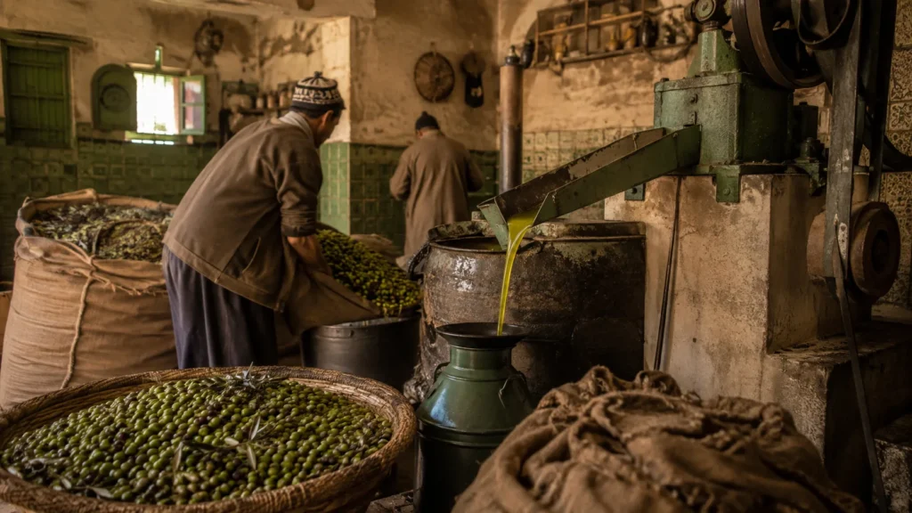 Traditional 1980s olive press in a Moroccan village producing fresh green olive oil.