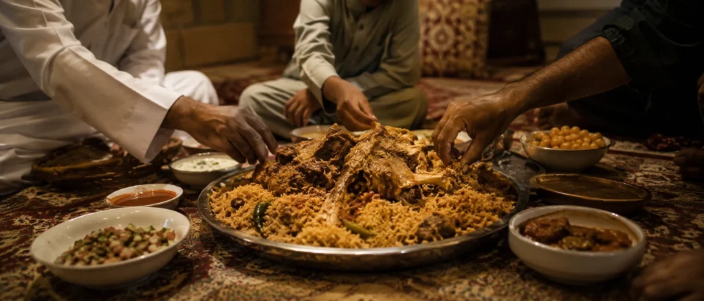 Traditional Qatari family meal with shared rice and meat platter served with local accompaniments