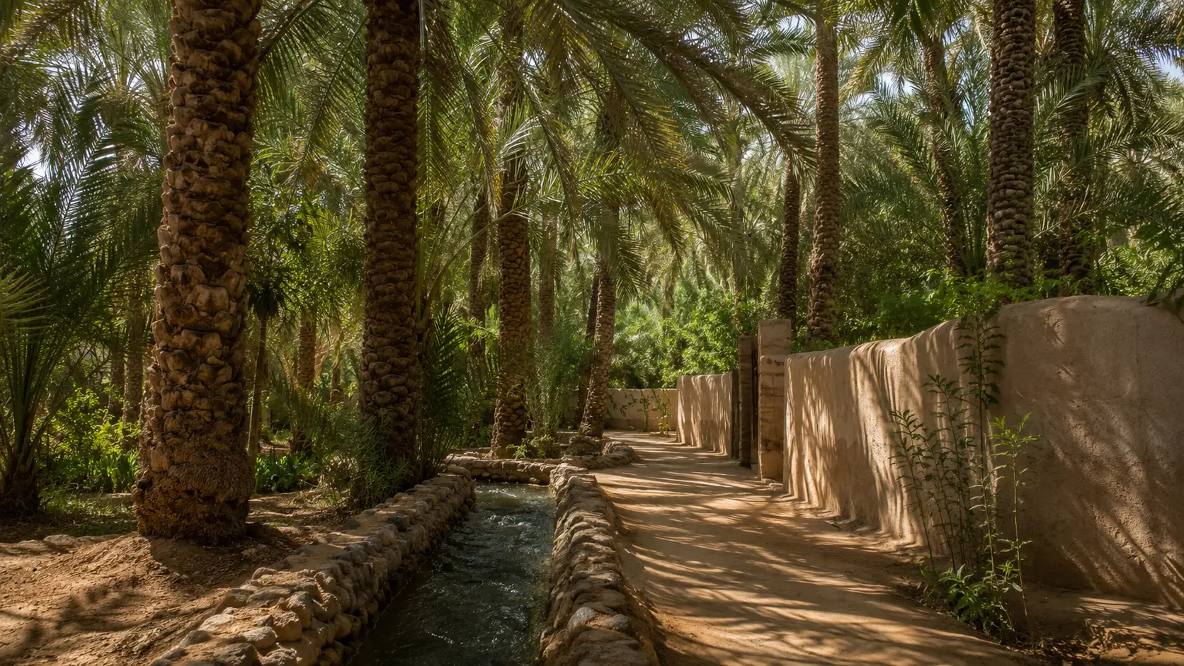 واحة العين في الإمارات بين نخيل التمر والأفلاج والظل في مشهد زراعي تقليدي