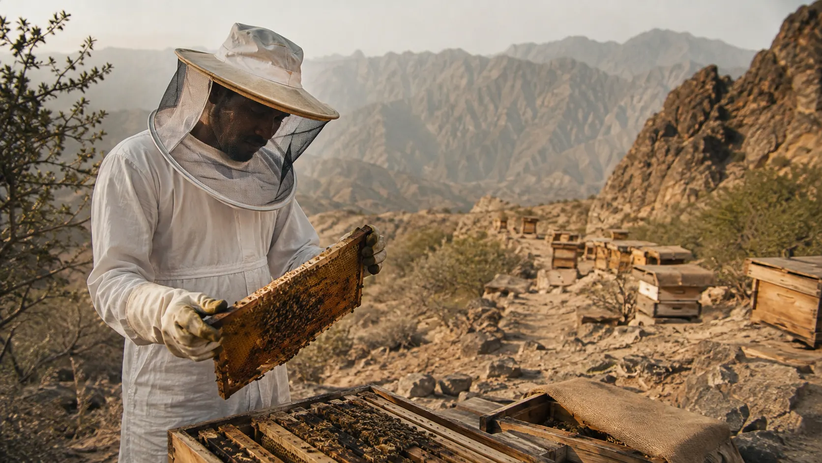 Beekeeper in Hatta among rocky Hajar Mountains, Sidr trees and beehives in the UAE