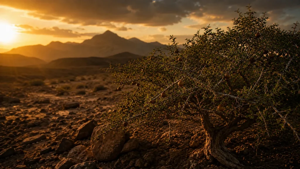 Authentic Sidr tree growing in the Hatta Mountains beside a multifloral landscape, representing premium honey origins in the UAE. morocco yemen omani