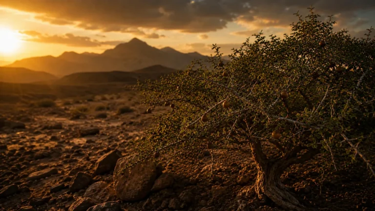 Authentic Sidr tree growing in the Hatta Mountains beside a multifloral landscape, representing premium honey origins in the UAE. morocco yemen omani