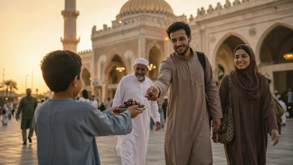 Child offering a plate of dates to people outside a mosque at sunset during Ramadan.