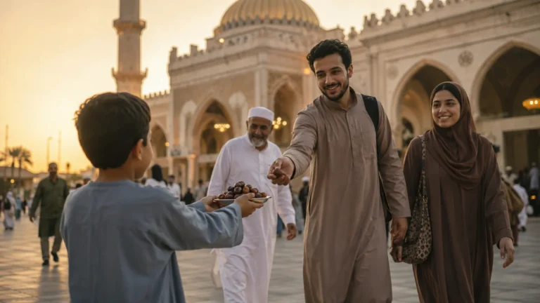 Child offering a plate of dates to people outside a mosque at sunset during Ramadan.