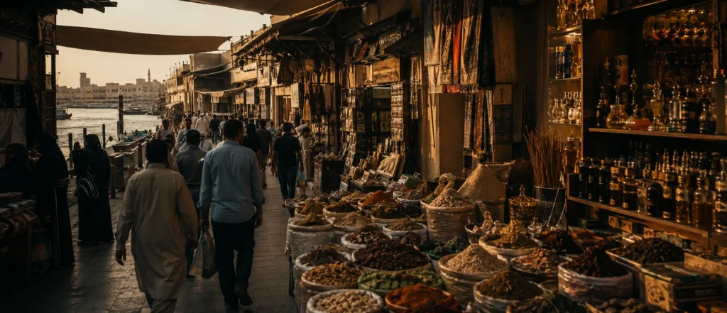Old Dubai market lane in Deira with spices, perfume oils, oud and textiles near Dubai Creek