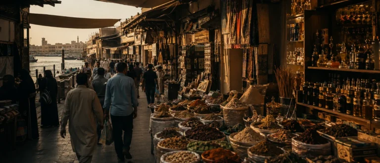 Old Dubai market lane in Deira with spices, perfume oils, oud and textiles near Dubai Creek