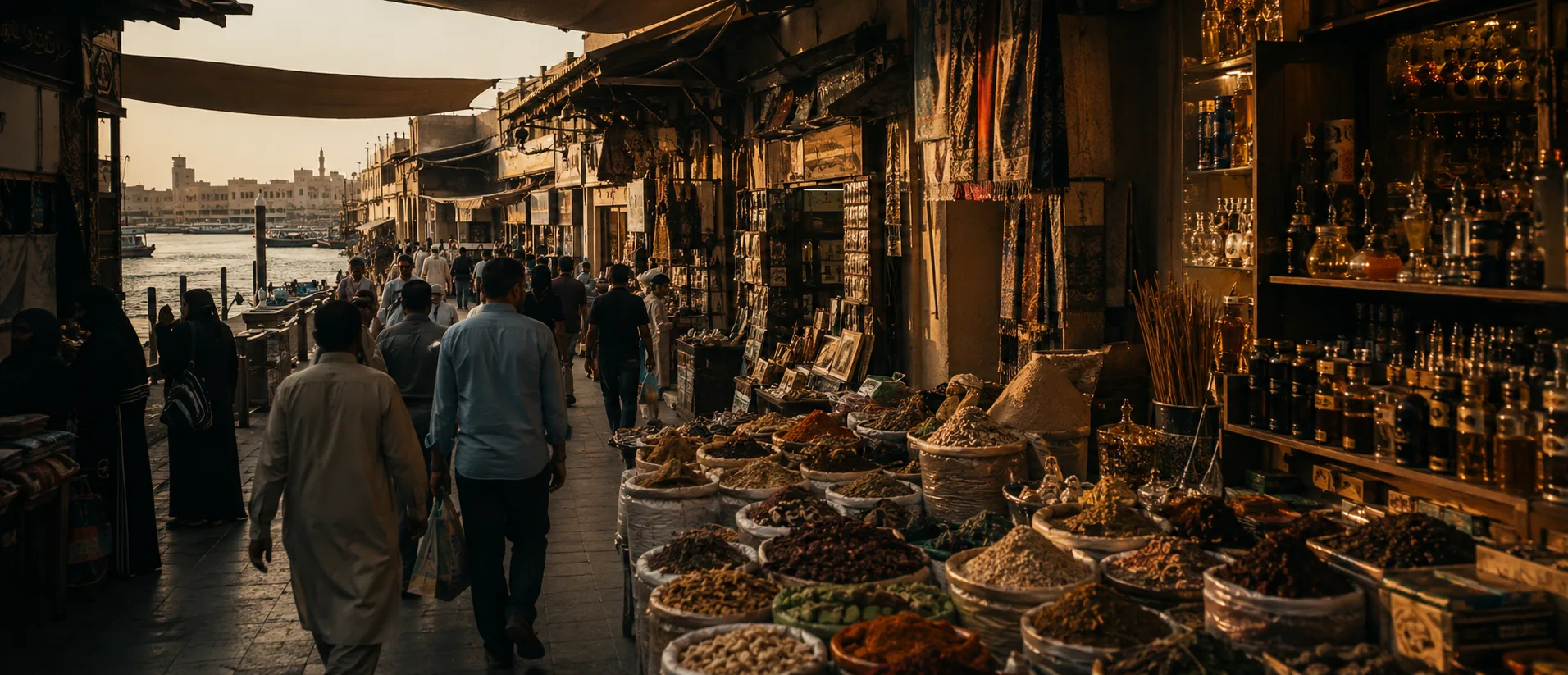 Traditional Deira souq in Old Dubai with spice stalls, oud, perfume oils and textiles near the Creek
