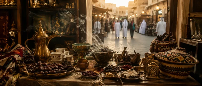 Traditional gifts at Souq Waqif in Doha with oud, bakhoor, dates, spices and Arabic coffee