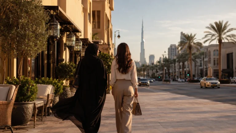 Two women walking through Dubai, one wearing a black abaya and the other elegant trousers, with the Burj Khalifa visible in the distance.