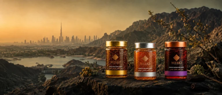 Premium raw honey jars suggesting Sidr, Samar and Ghaf against a refined UAE landscape linking Dubai and Hatta