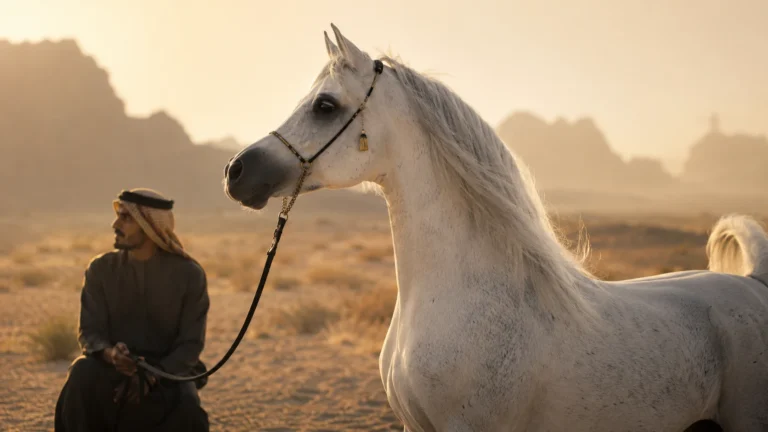 White Arabian horse standing proudly beside its Arab handler in a desert landscape at golden hour.