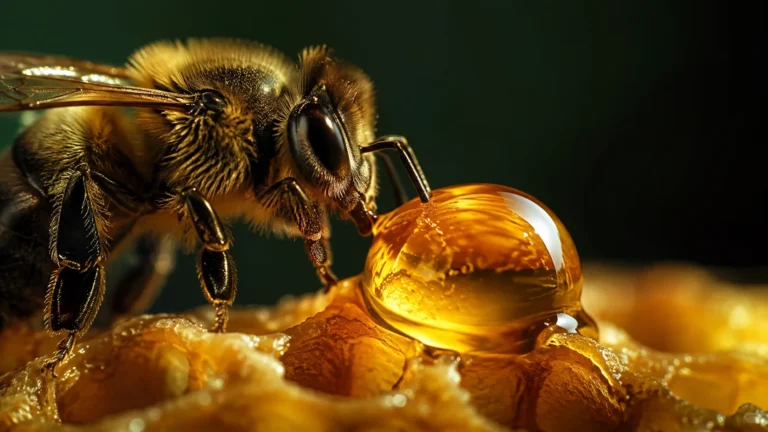 Ultra-macro view of a honeybee feeding beside a luminous drop of honey against a deep green background. sidr honey yemen