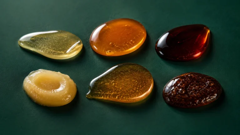 Six honey samples showing different colours, textures and consistencies on a deep Meski-green surface.