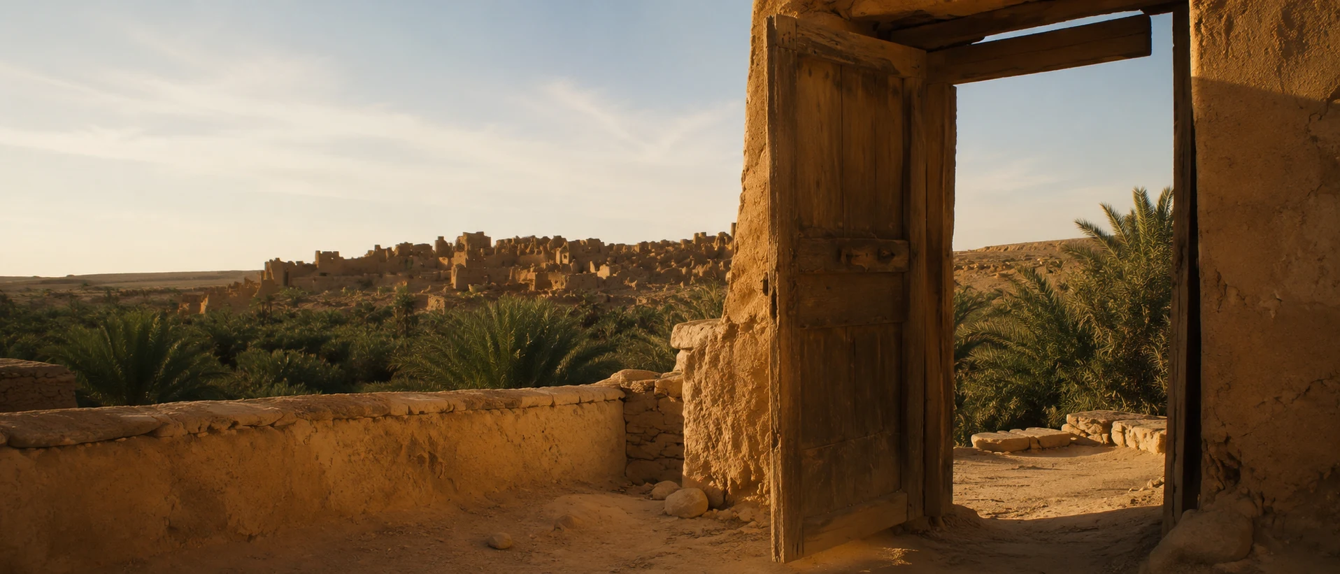 An open earthen doorway in Ksar Meski overlooking palms and the oasis, symbolising The House of Meski