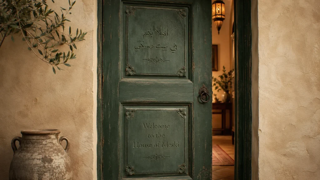 Ancient green door standing partly open with Arabic and English words welcoming visitors into the House of Meski.
