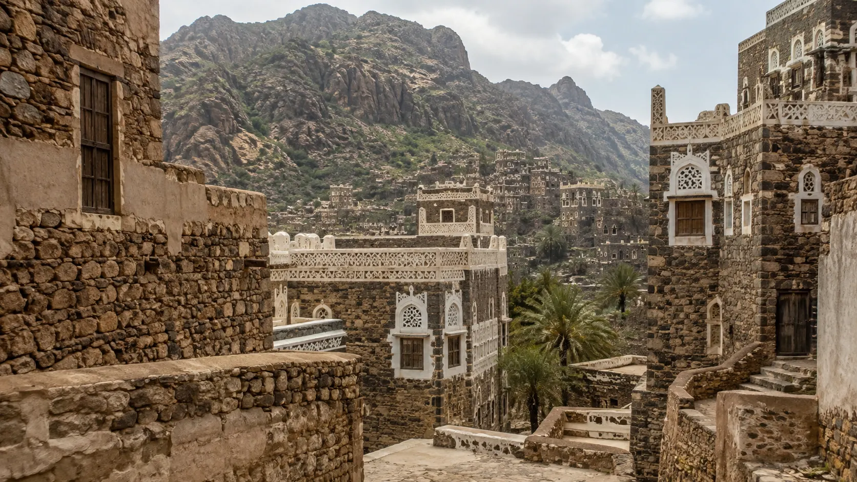 Historic Yemeni architecture in a mountain setting, evoking the political and cultural world of Queen Arwa.