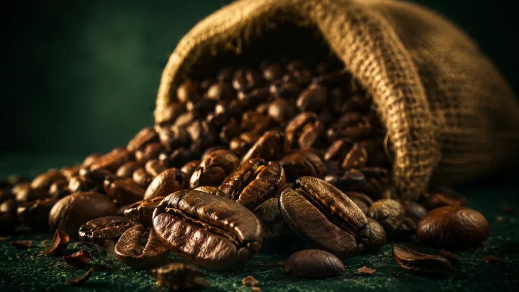 Roasted Yemeni coffee beans spilling from a burlap sack on a deep Meski-green surface.