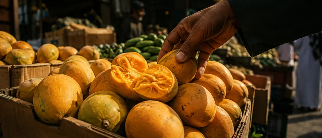 مانجو يمني ناضج في صناديق بسيطة داخل سوق إماراتي محلي ويد تختار إحدى الثمار