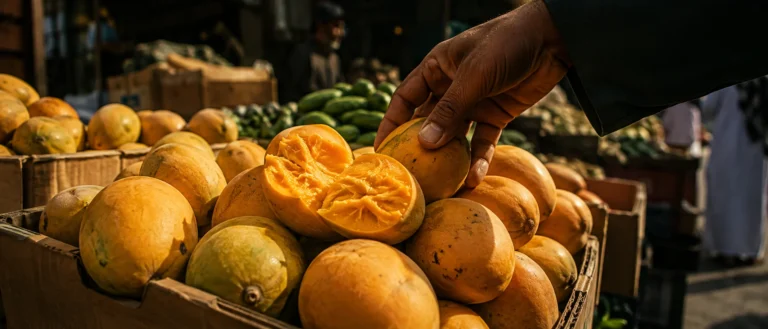 مانجو يمني ناضج في صناديق بسيطة داخل سوق إماراتي محلي ويد تختار إحدى الثمار