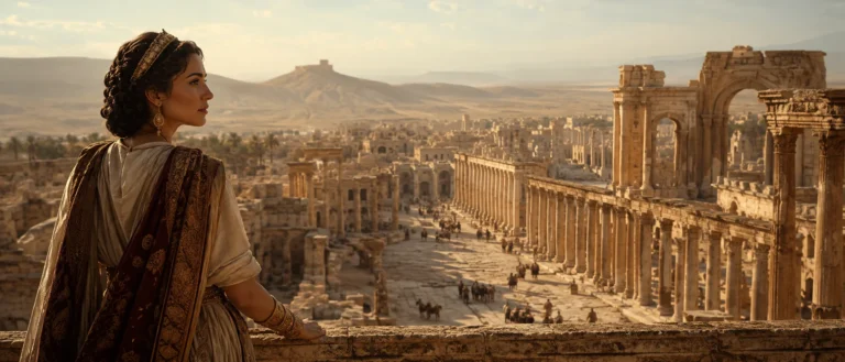 A desert cityscape inspired by ancient Palmyra, evoking Queen Zenobia and the grandeur of a caravan city between empires.