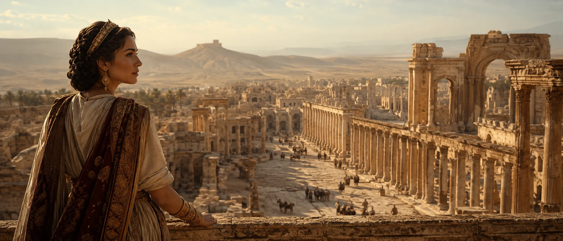 A desert cityscape inspired by ancient Palmyra, evoking Queen Zenobia and the grandeur of a caravan city between empires.