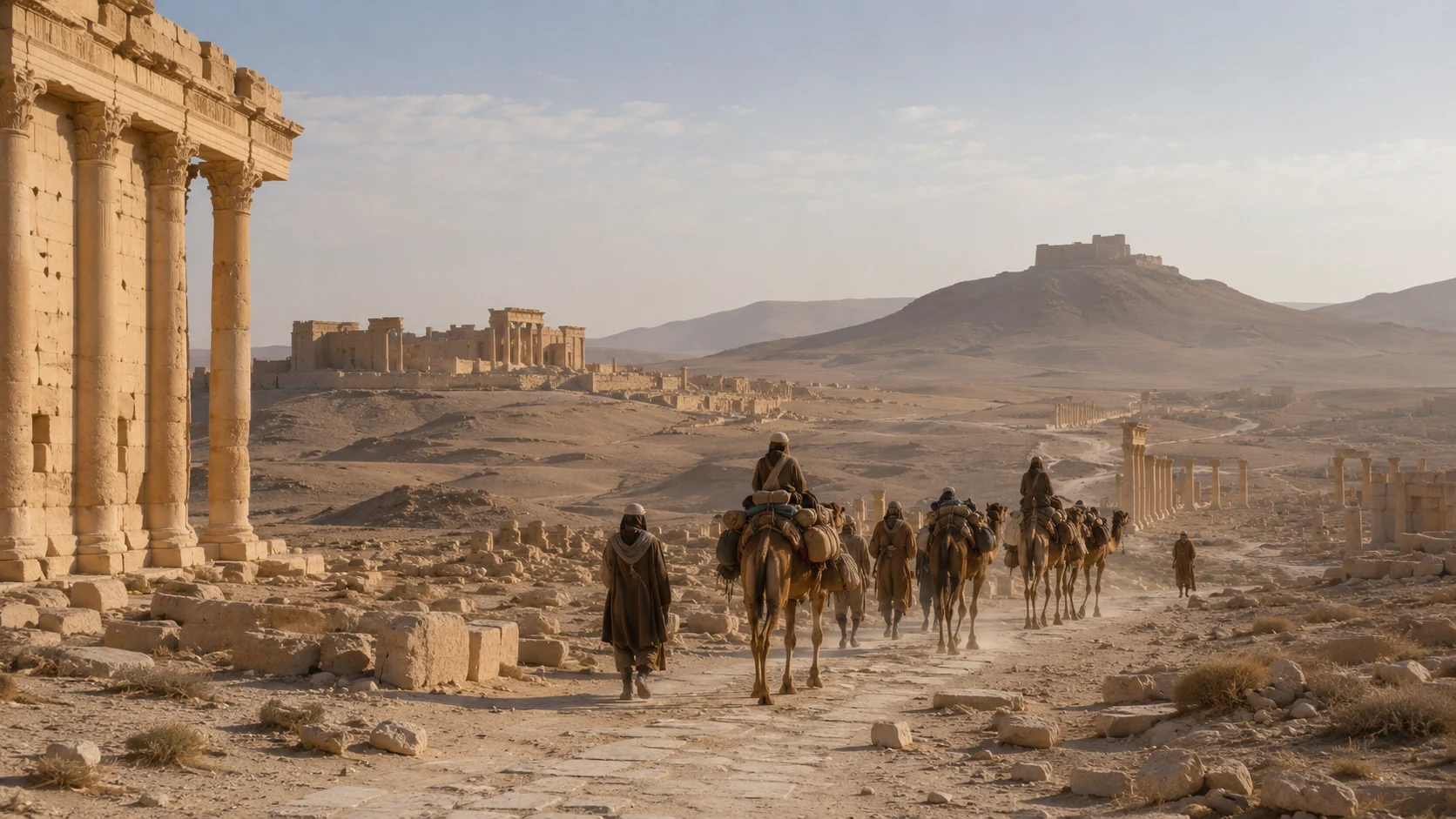 Ancient caravan road crossing a desert near stone ruins, evoking the routes that connected Palmyra to wider worlds.