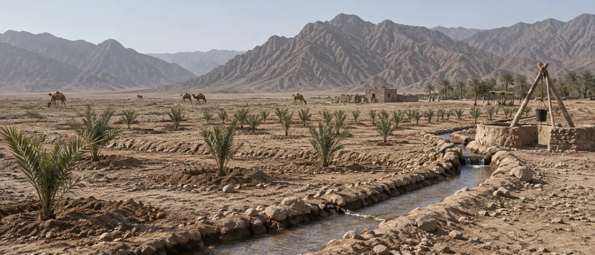 Historical Ras Al Khaimah land with camels, water and young date palms