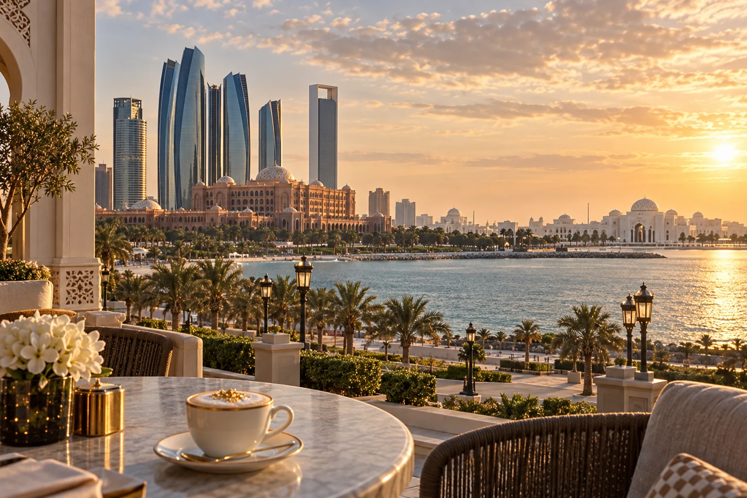 Abu Dhabi West Corniche near Emirates Palace, Etihad Towers and Qasr Al Watan with a subtle gold coffee detail