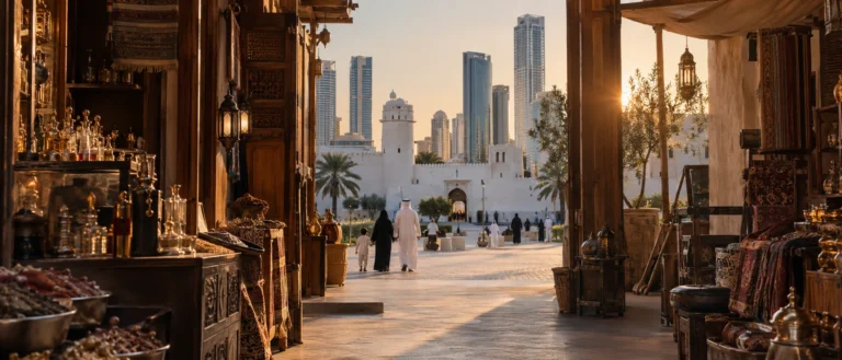 أجواء سوق تقليدي في أبوظبي مع قصر الحصن والمدينة الحديثة في الخلفية