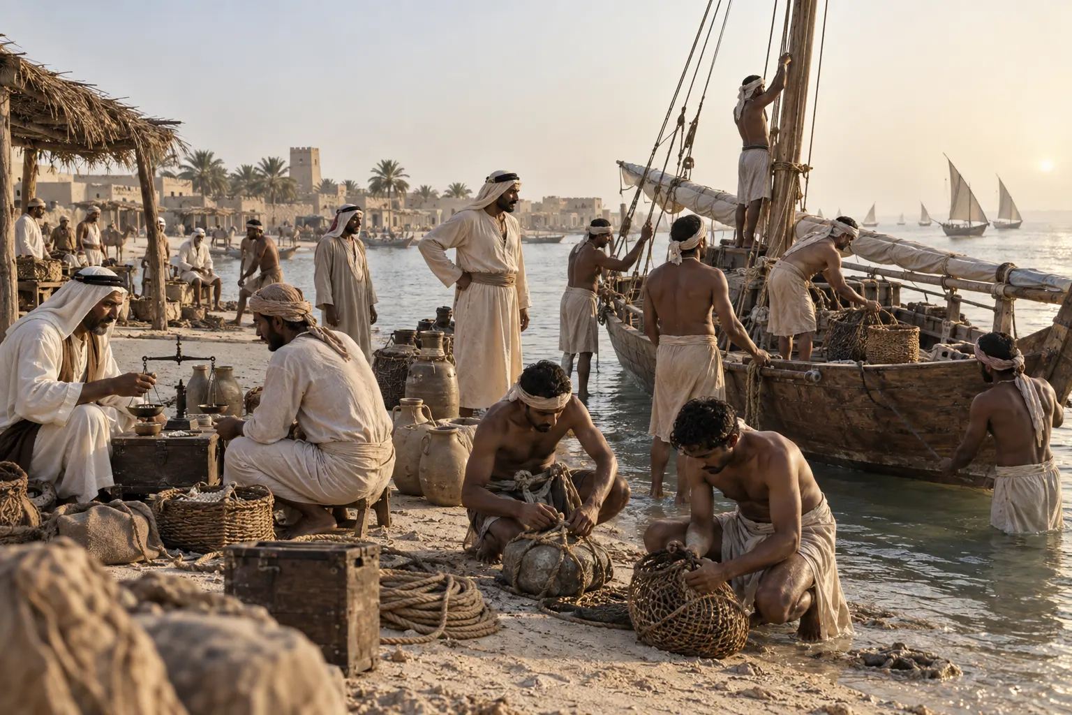 Documentary reconstruction of Abu Dhabi pearl crews preparing traditional dhows during the late nineteenth-century pearling season
