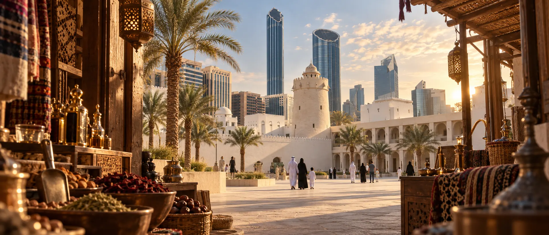 Traditional souk atmosphere opening toward Qasr Al Hosn and modern Abu Dhabi
