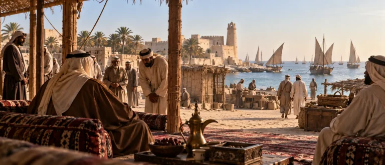 مشهد تاريخي لساحل أبوظبي في أواخر القرن التاسع عشر مع قصر الحصن وسفن اللؤلؤ في عهد زايد الكبير