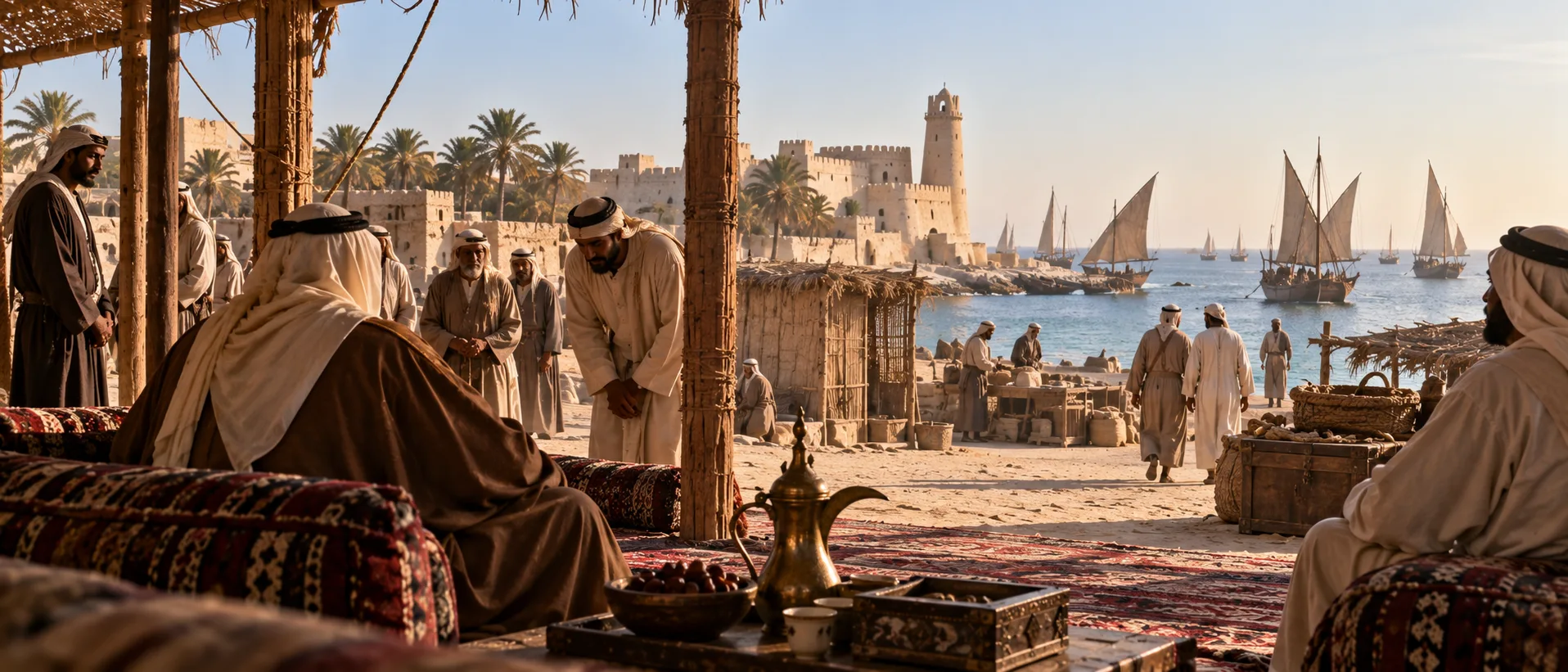 مشهد تاريخي لساحل أبوظبي في أواخر القرن التاسع عشر مع قصر الحصن وسفن اللؤلؤ في عهد زايد الكبير