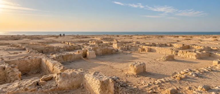 Archaeological remains of Al Zubarah on Qatar’s desert coast with low stone walls stretching toward the sea