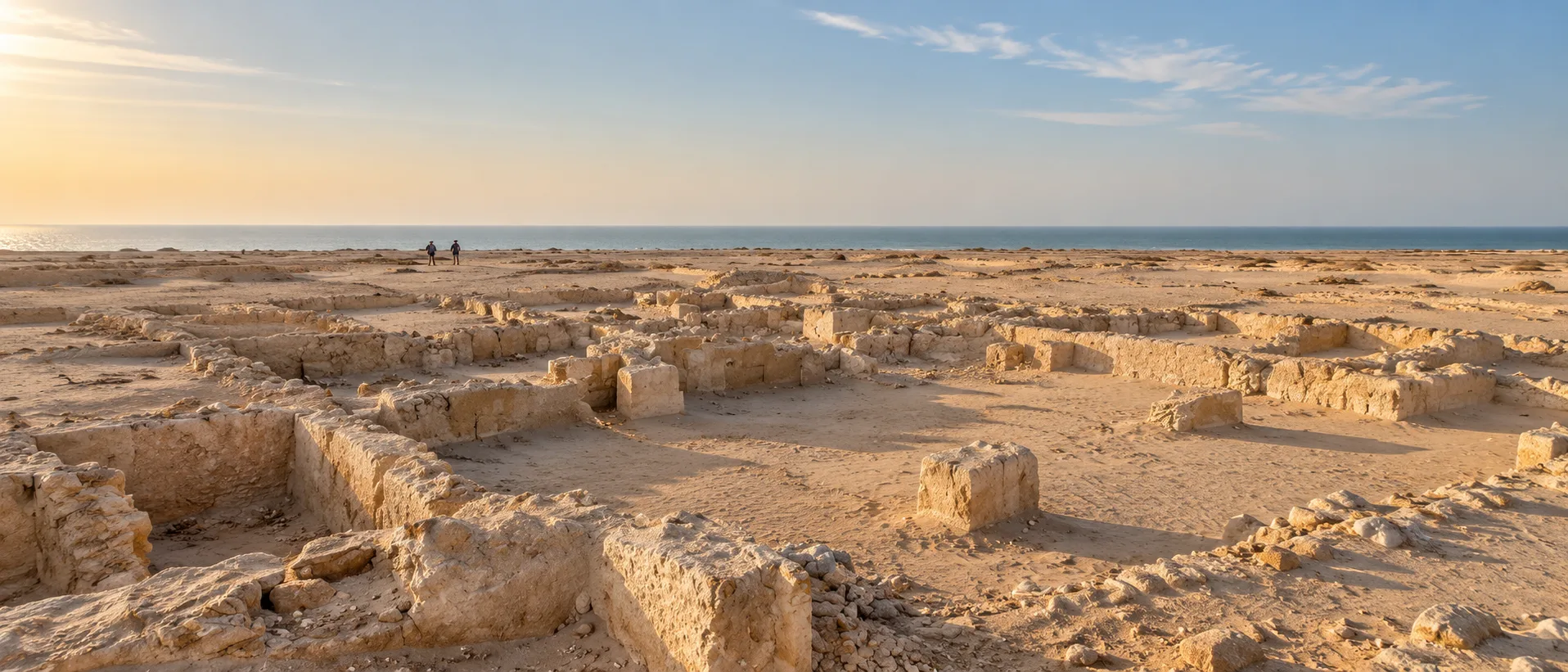 Archaeological remains of Al Zubarah on Qatar’s desert coast with low stone walls stretching toward the sea