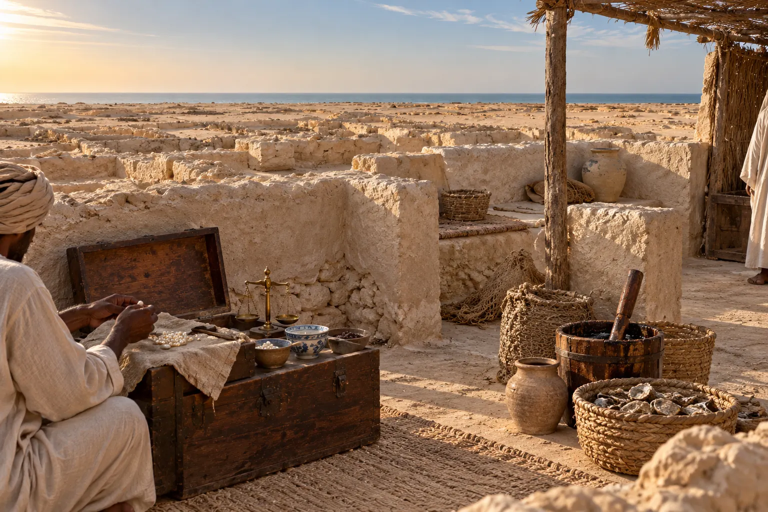 Archaeological courtyard house at Al Zubarah with pearl trade objects, pottery and date-press details interpreted through documentary reconstruction