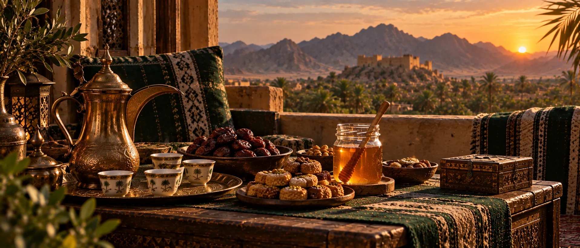 مجلس عُماني هادئ قبل رمضان 2027 مع القهوة والتمر والحلوى والعسل