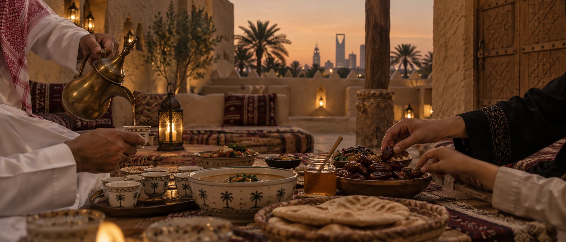 استعداد عائلة عربية لرمضان 2027 مع التمر والقهوة والعسل ومجلس هادئ