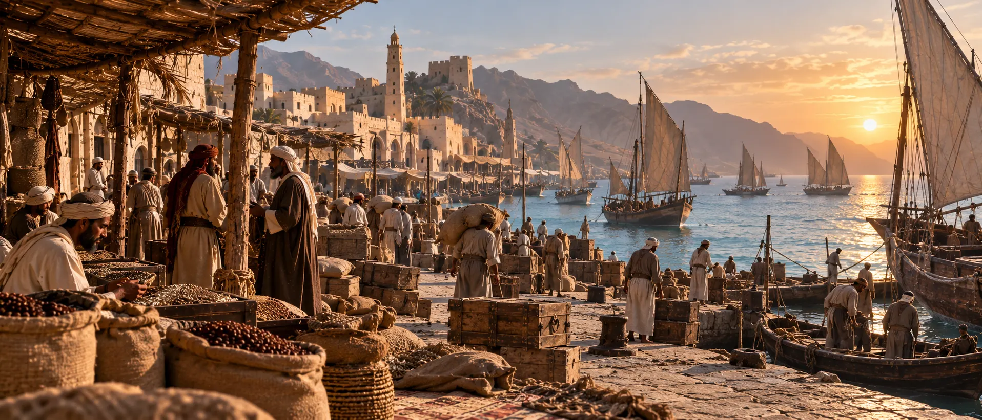 Historical documentary reconstruction of the Yemeni Red Sea port of Al-Makha at dawn with sailing ships and coffee trade atmosphere