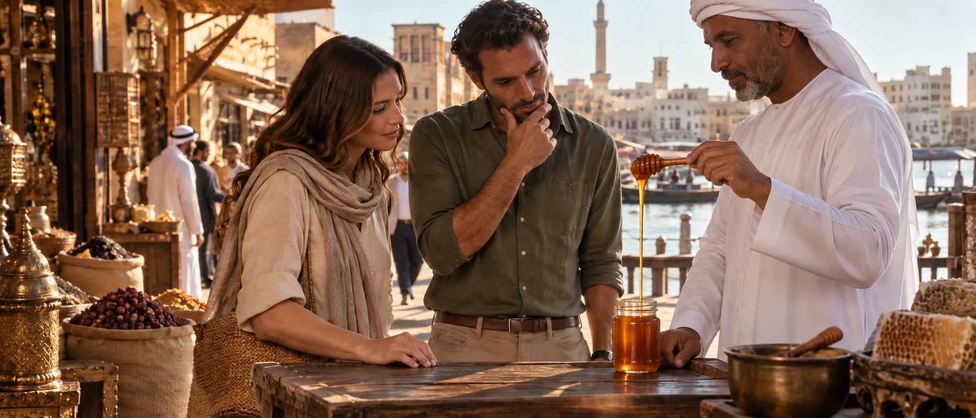 Luxury and traditional honey shopping in Dubai with unlabeled amber honey jars
