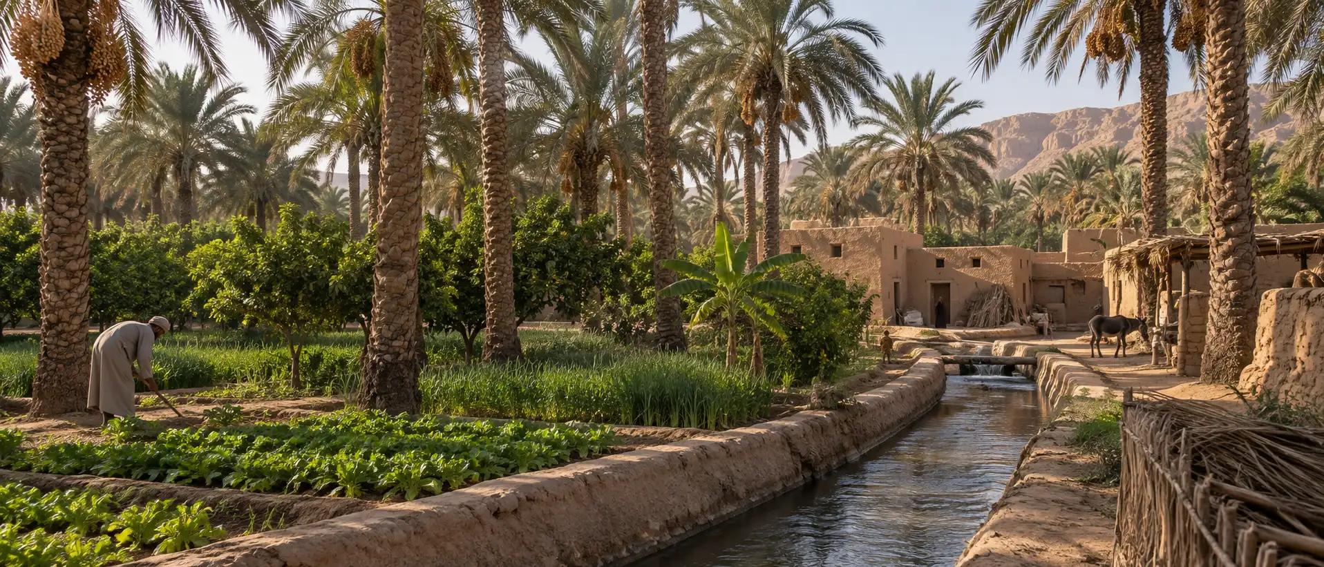 نخلة تمر فوق واحة عربية مع ماء وزراعة وعمارة ترابية تقليدية