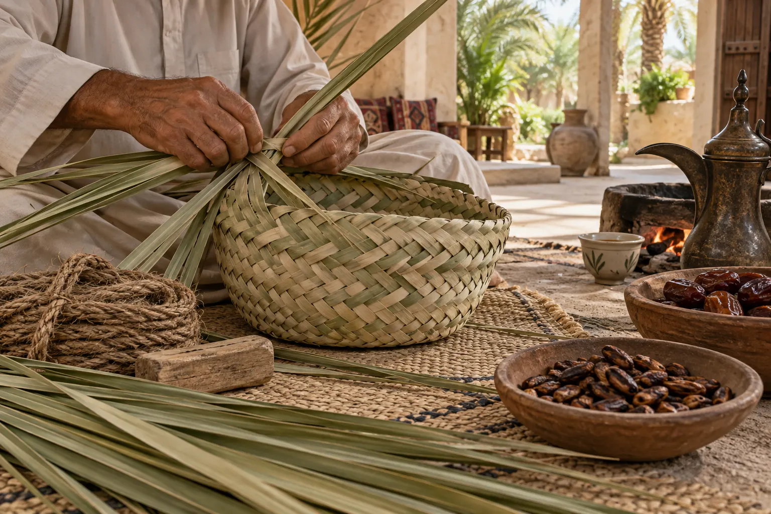 سعف منسوج وحبل وسلة ونوى تمر محمصة ومحاصيل واحة في مشهد تراثي واقعي