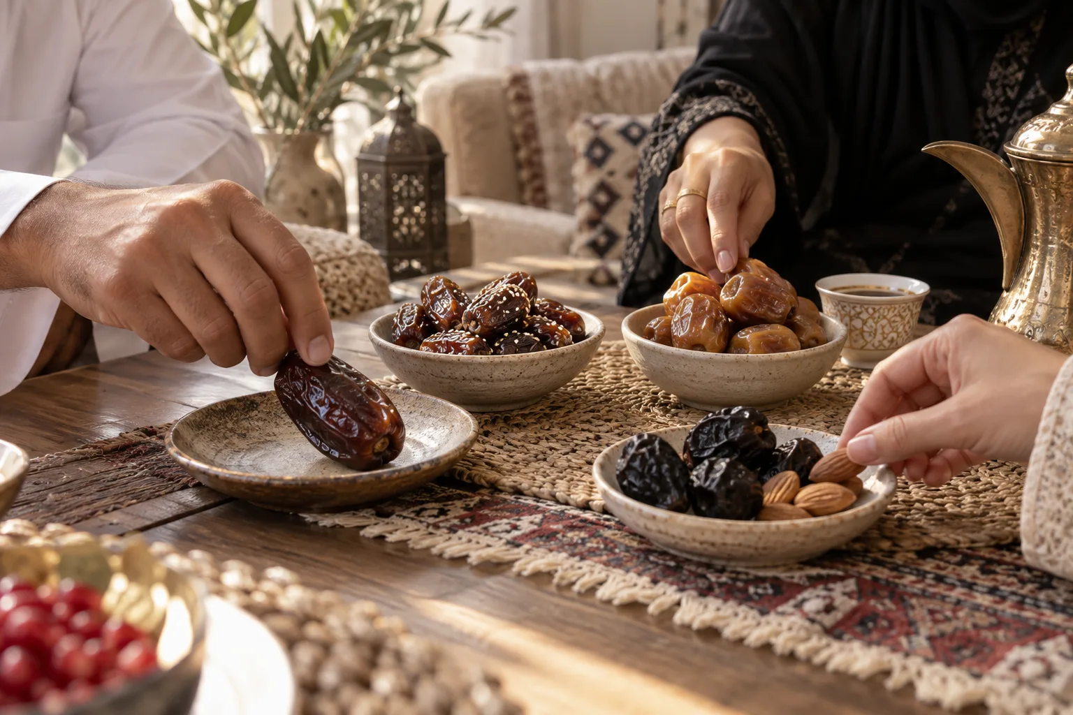 Natural Medjool, Sagai, Sukkari and Ajwa dates paired simply with sesame, almonds and Arabic coffee