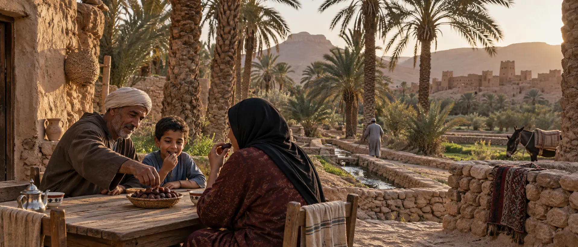 Date palms in a Moroccan oasis with a family table of natural dates in the foreground