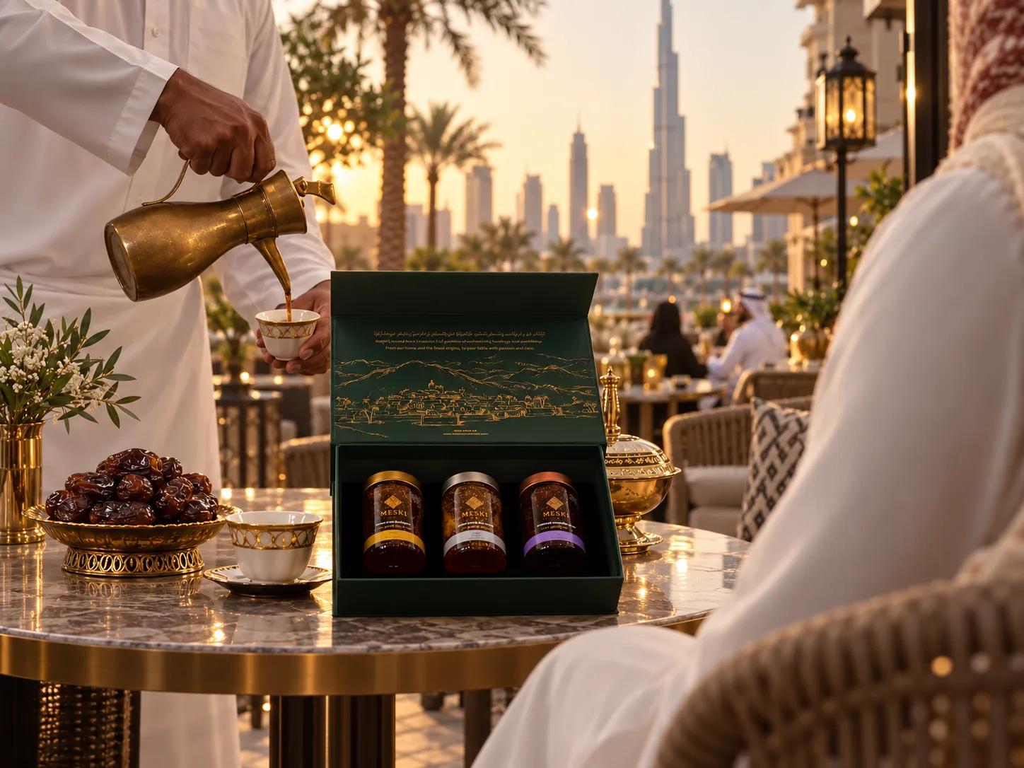 Dubai honey shopping scene moving from a traditional spice market to a refined gift setting