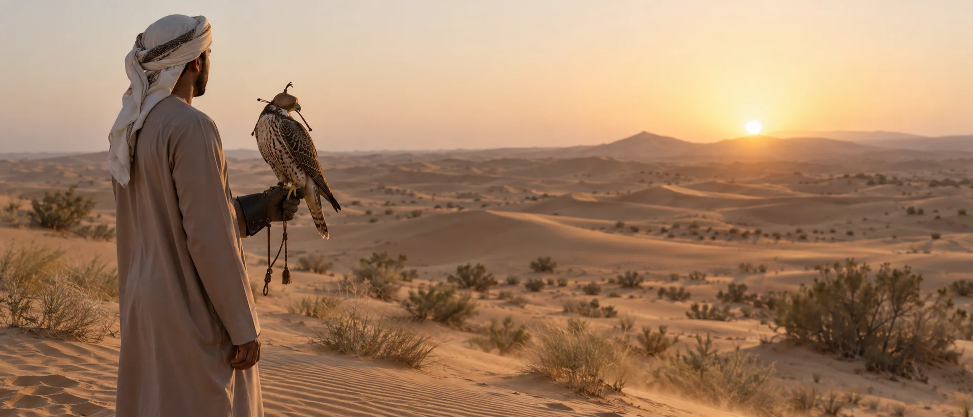 Falconer with a hooded falcon in the Abu Dhabi desert at early morning