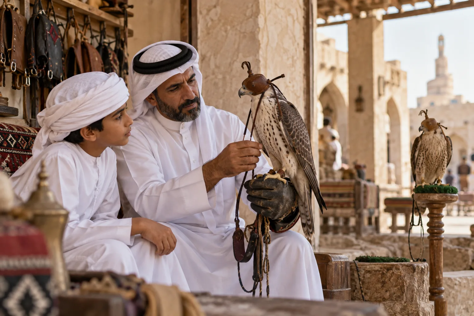 Doha Falcon Souq scene with falconry equipment, hooded birds and a quiet majlis atmosphere
