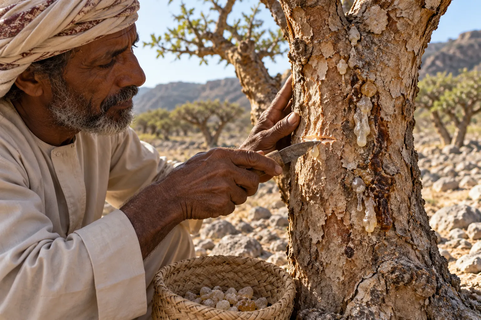 حصاد تقليدي مدروس لراتنج اللبان من Boswellia sacra في ظفار مع قطرات الراتنج على القشرة