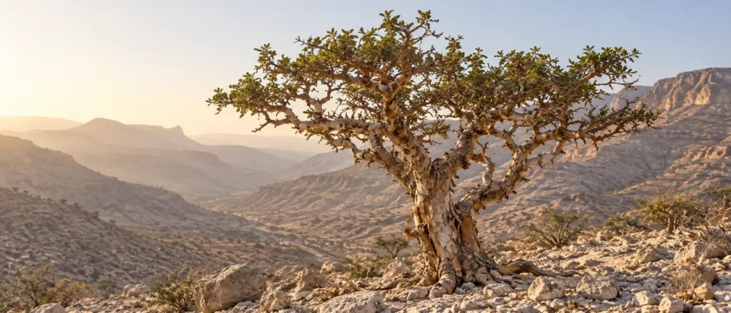 شجرة لبان Boswellia sacra تنمو في وادي جاف بظفار مع تضاريس صخرية وضوء طبيعي