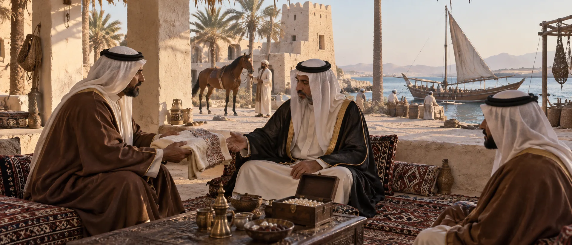 مشهد خليجي تاريخي يرمز للخيل واللؤلؤ والقماش والقارب كهدايا ذات معنى
